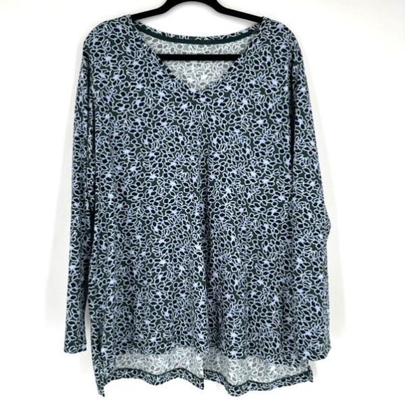 Lands' End Women's Floral V- Neck LS Supima Cotton T-Shirt Blue Size 2X Stretch - Picture 2 of 10